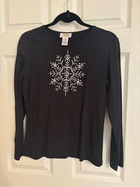 Talbots Black Long-Sleeve Tee with White Snowflake Embellishment